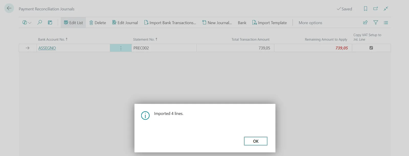 A payment reconciliation journal created by an import
