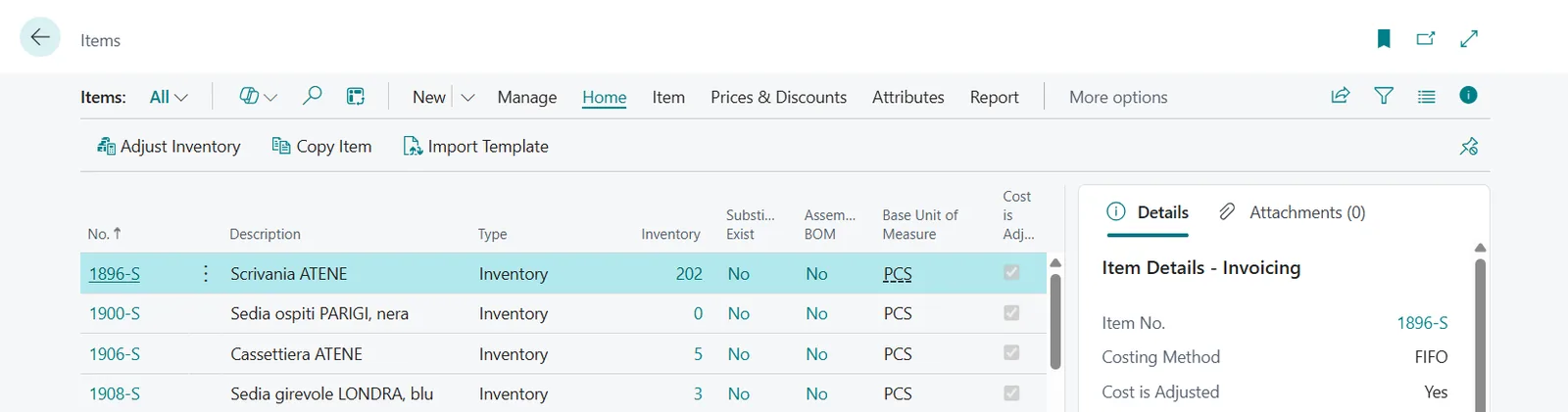 Items list in Business Central with the imported items and the Import Template action in the ribbon