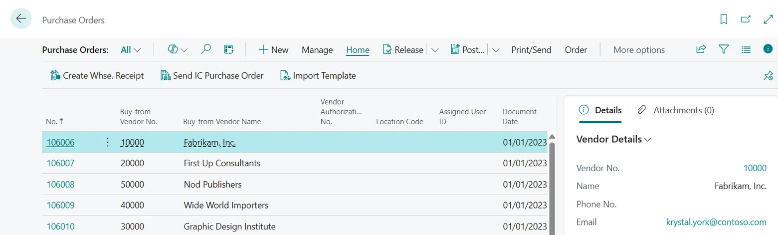 Purchase Orders list in Business Central with the Import Template action in the ribbon