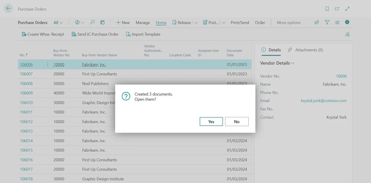 Business Central message after an import: Created 3 documents. Open them?