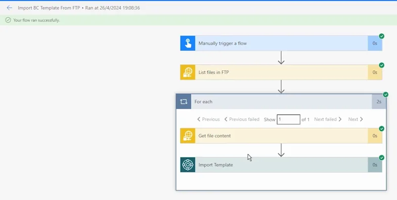 A Power Automate flow that lists files on an FTP server and runs Import Template for each of them, completed successfully