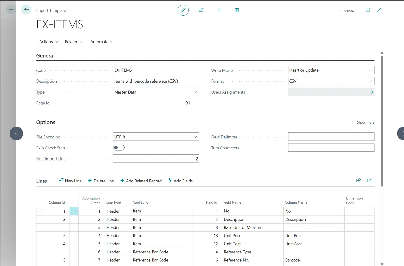 The EX-ITEMS template with the barcode as related item reference