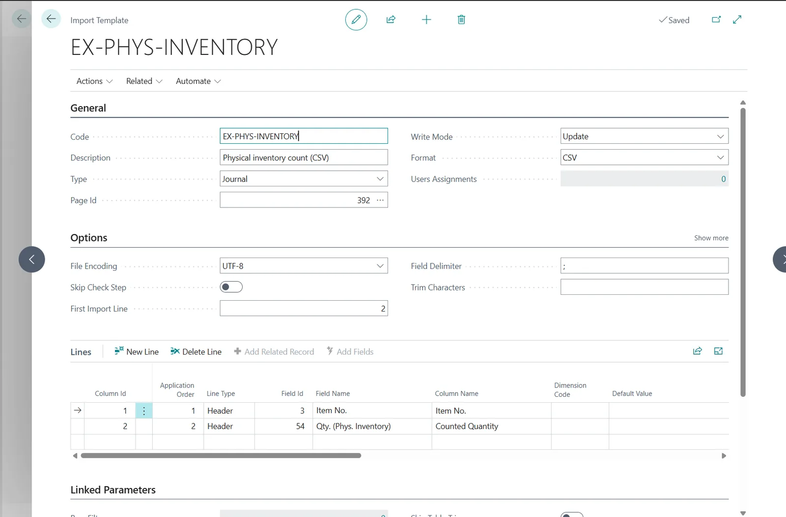 Import Template card EX-PHYS-INVENTORY in Business Central: write mode Update, item number and counted quantity mapped