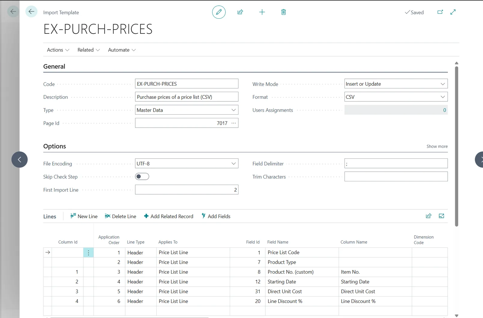 The EX-PURCH-PRICES template: price list lines with item, starting date, cost and discount