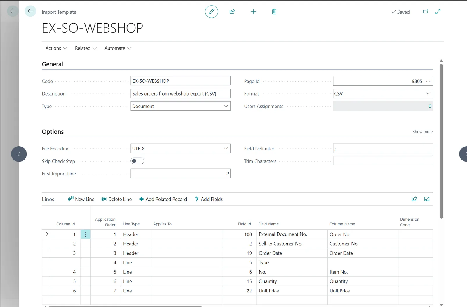 Import Template card EX-SO-WEBSHOP in Business Central, the webshop order number mapped as External Document No.